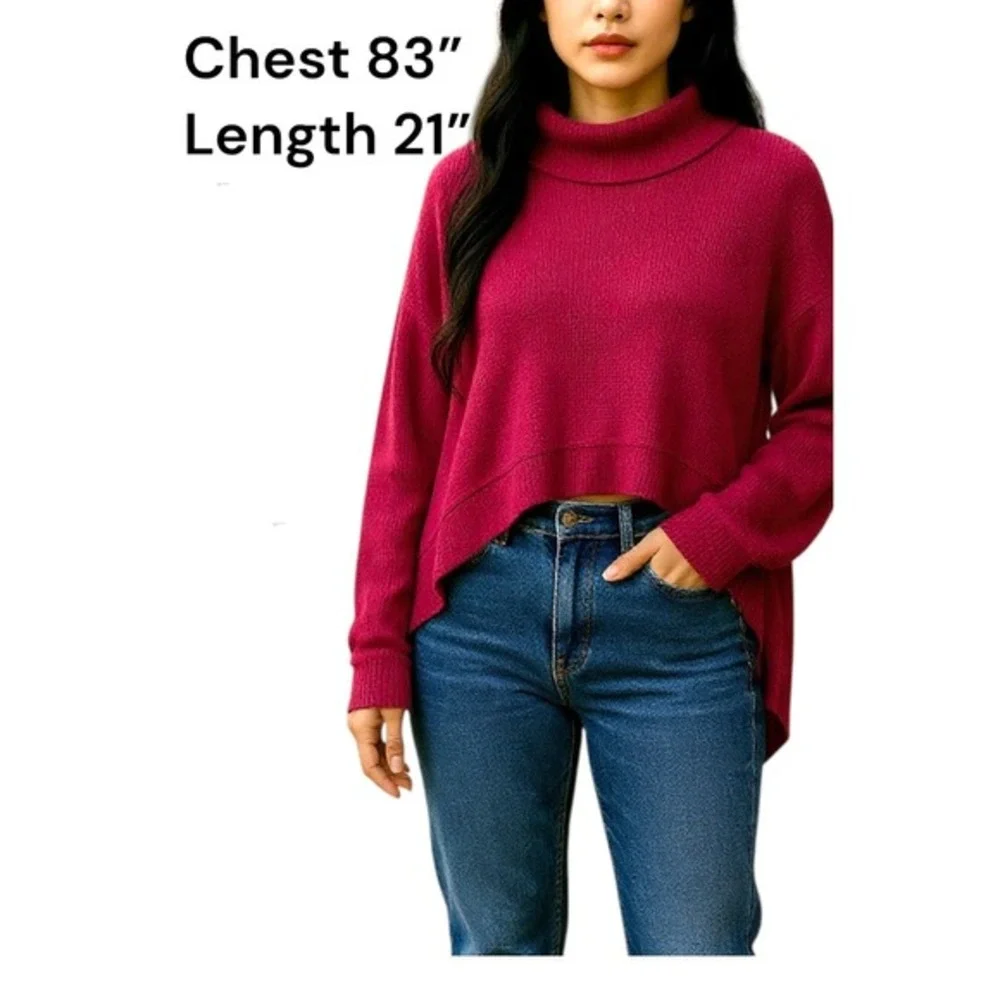 We The Free People Pink Funnel Neck Hi Low‎ Hem Knit Boho Casual Sweater Medium